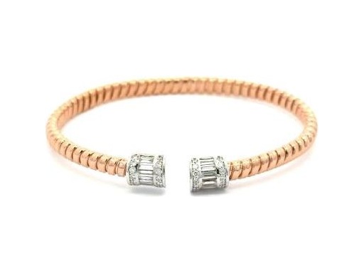 18K Rose Gold Flexible Bangle with Natural Baguette and Round Diamonds